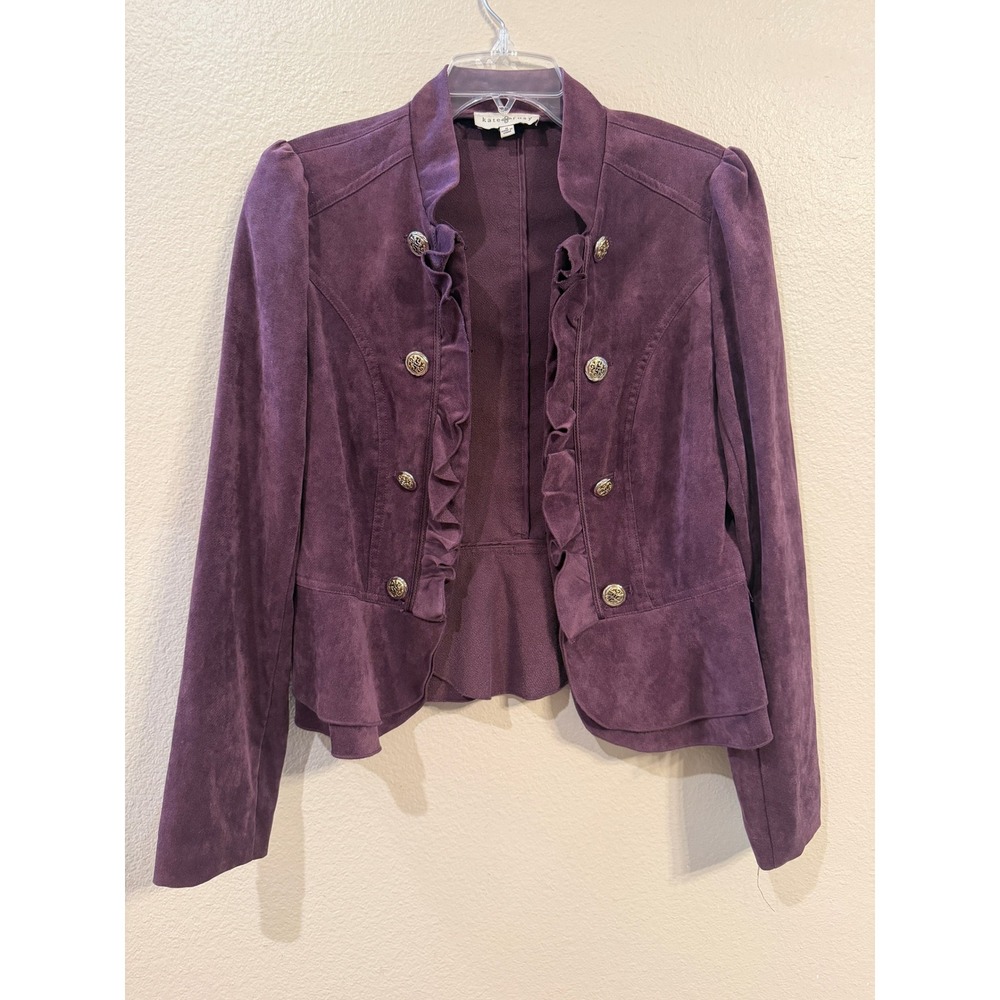 Kate & Rosy Purple Faux Suede Ruffle Military Peplum Jacket Silver Buttons M